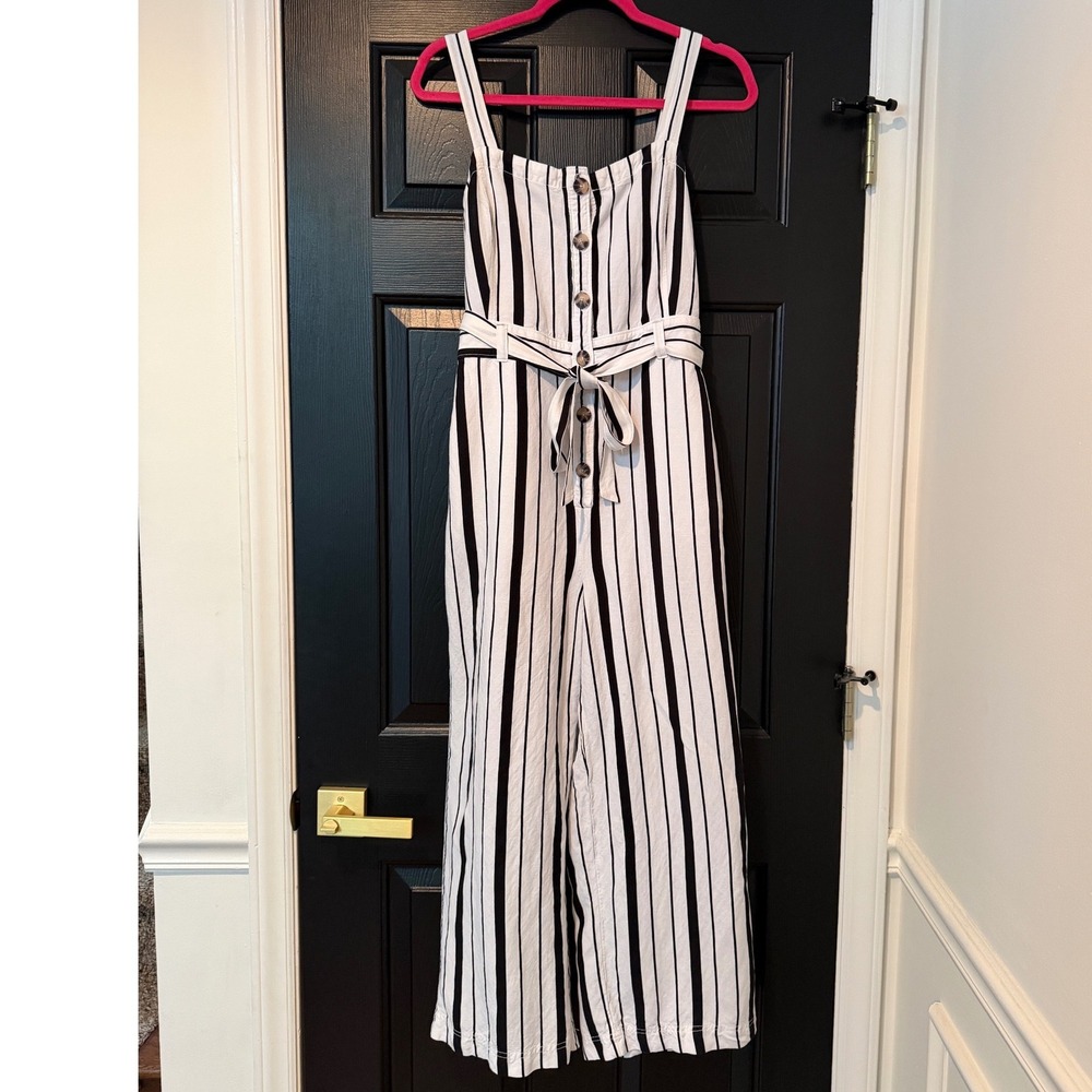LOFT Striped Linen Blend Wide Leg Jumpsuit Black White Button Front Size 8 - Picture 9 of 10